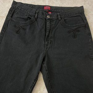 Chaps Women's Straight Leg Distressed Black Jeans Front Ribbon Trim Size 12